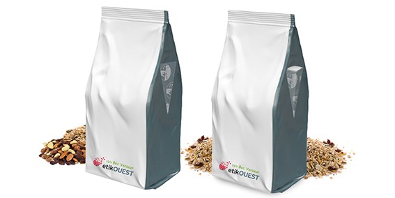 Etik ouest packaging - emballage innovant -QUATTROSEAL - Up'n Bec Verseur- sachet avec bec verseur quattro seal - étiquette repositionnable - ouverture fermeture facile / agrifood packaging labels