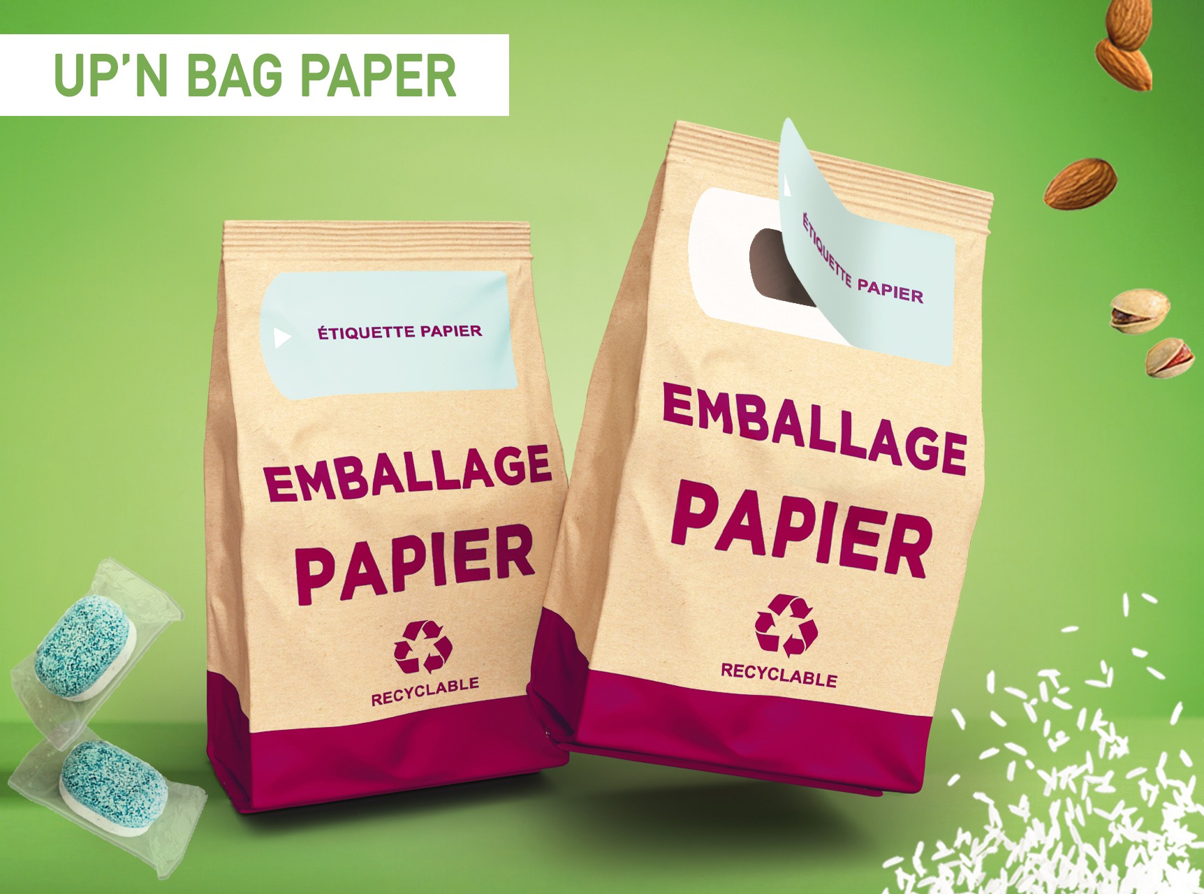 Up'n Maxi Paper, etiquette ouverture fermeture facile pour emballage papier et PE, Etik Ouest Packaging